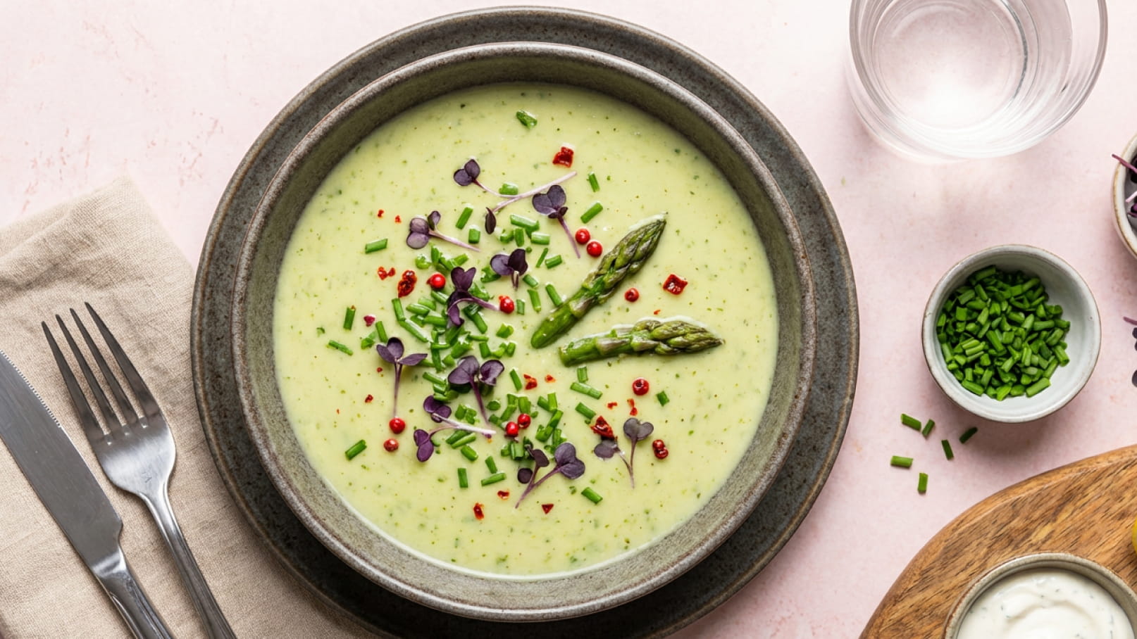 Ein Teller mit cremiger Spargelsuppe, garniert mit frischen Kräutern, buntem Pfeffer und Spargelspitzen. Der Teller ist auf einer hellen Tischfläche platziert, umgeben von Besteck und einem Glas Wasser.