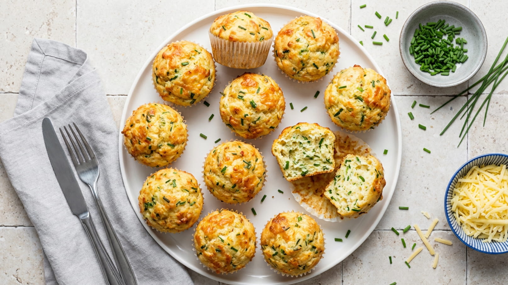 Auf einem weißen Teller sind zehn herzhafte Muffins mit Schnittlauch angerichtet. Einer der Muffins ist aufgeschnitten, revealing die grüne Füllung. Daneben liegt eine kleine Schüssel mit frisch gehacktem Schnittlauch und eine weitere mit geriebenem Käse. Ein helles Tischgedeck komplettiert das Bild.