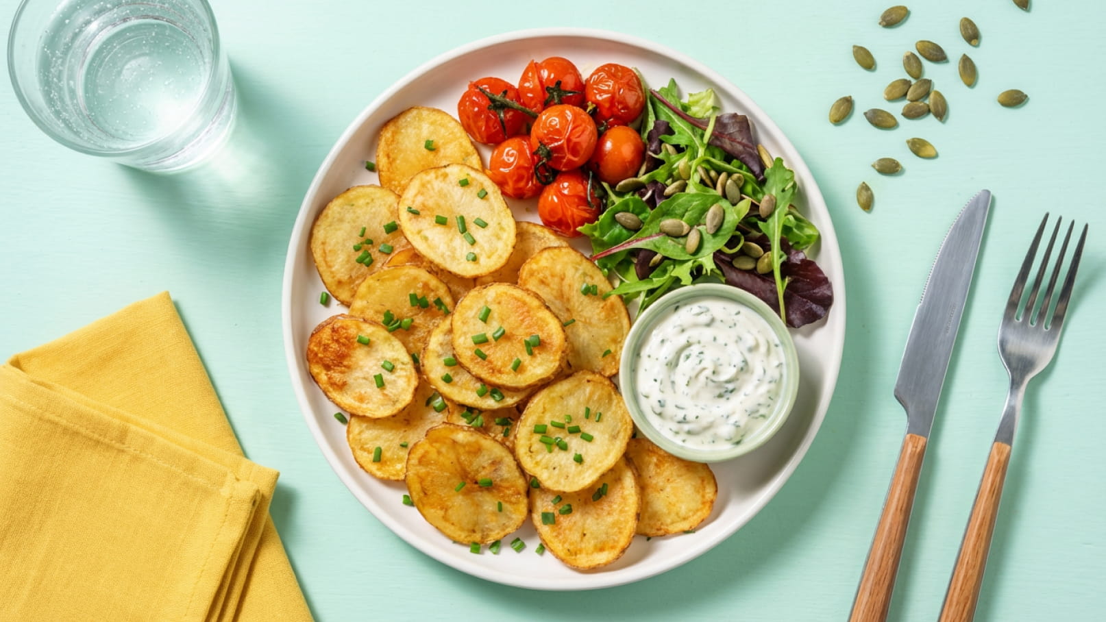 Auf dem Teller befinden sich knusprig gebratene Kartoffelscheiben, Cherry-Tomaten und ein frischer Salat mit Gartengemüse. Dazu gibt es ein Dip in einer kleinen Schüssel. Im Hintergrund steht ein Glas Wasser und daneben liegt eine gelbe Stoffserviette.