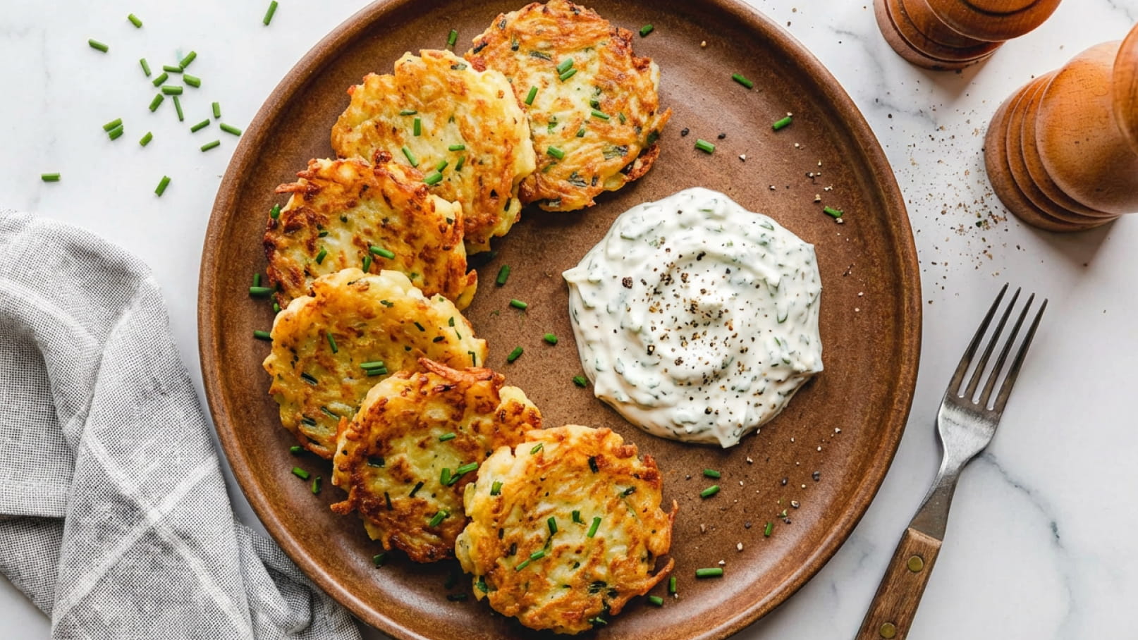 Auf einem braunen Teller liegen fünf knusprige Kartoffelpuffer, garniert mit frischem Schnittlauch. Daneben befindet sich ein Klecks cremiger Dipsauce. Ein Geschirrtuch und Besteck sind am Rand sichtbar.