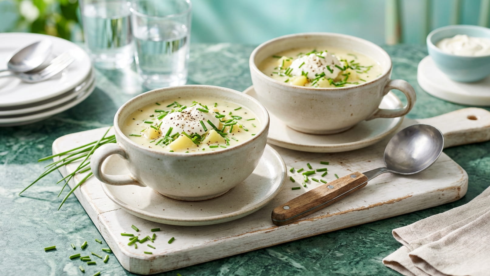 Zwei Schalen mit cremiger Suppe stehen auf einem Holzbrett. Die Suppe ist mit Schnittlauch und Stückchen von Kartoffeln garniert. Im Hintergrund sind Gläser mit Wasser und weitere Geschirrteile zu sehen. Die Szene vermittelt eine einladende, warme Atmosphäre.