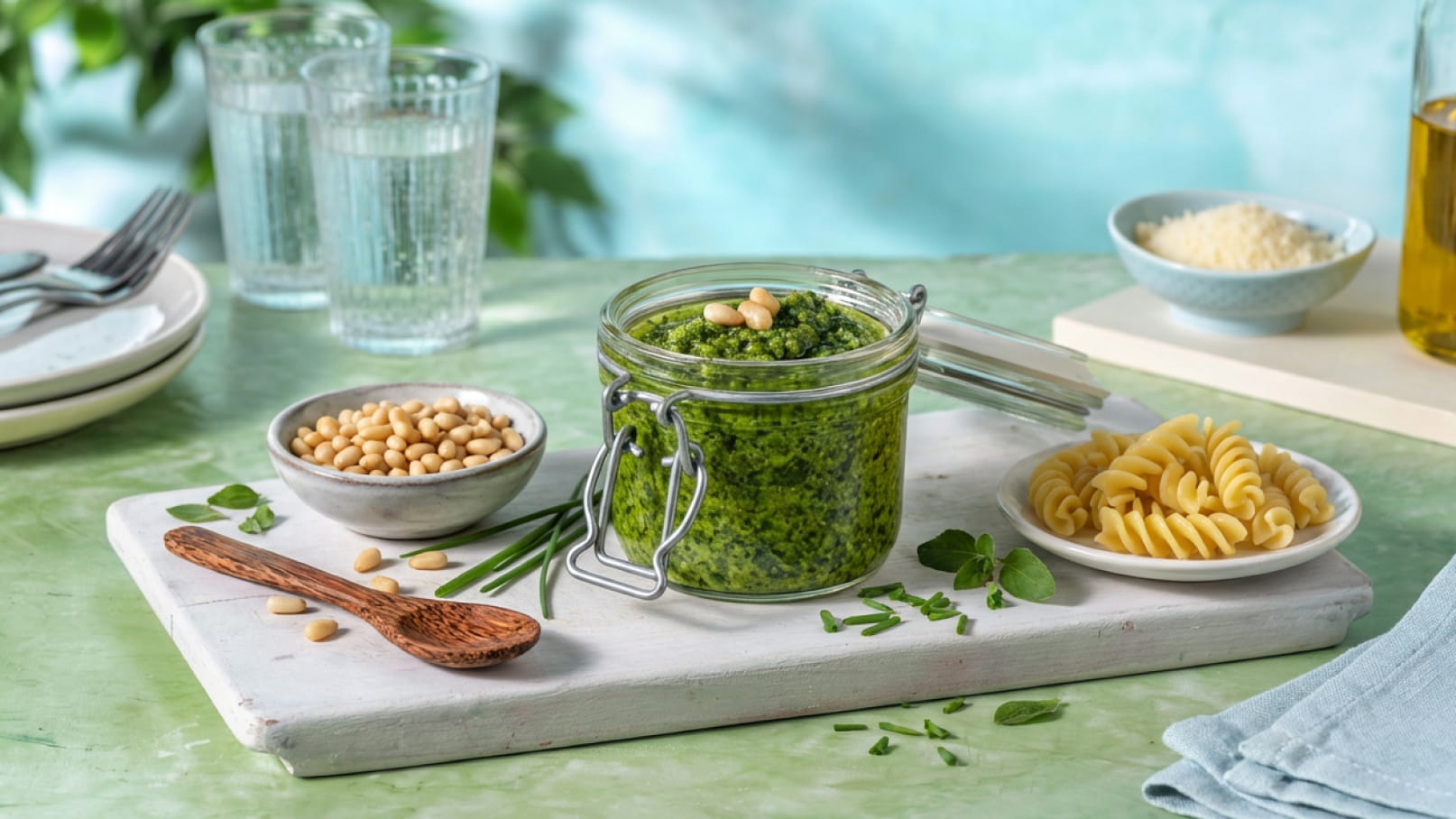 Ein Glas mit grünem Pesto steht auf einem Holzbrett. Daneben befinden sich Schalen mit Pinienkernen und Käse, sowie ein Teller mit Nudeln. Im Hintergrund sind Gläser mit Wasser und eine Flasche Olivenöl zu sehen. Der Untergrund ist in sanften Grüntönen gestaltet.