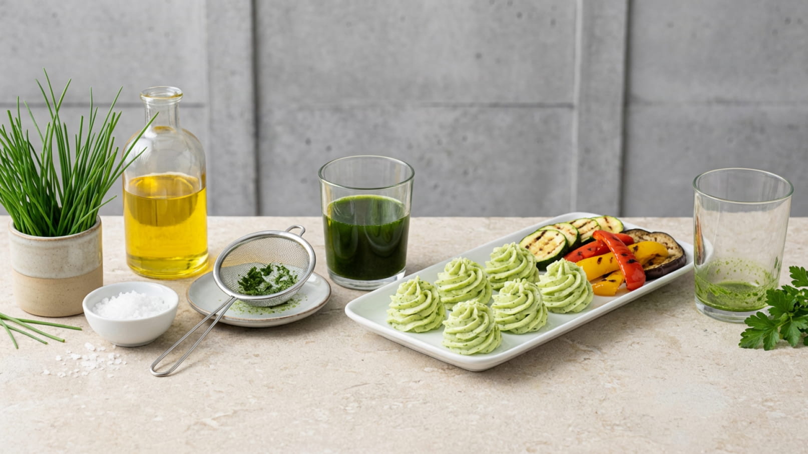 Auf dem Tisch liegt ein Teller mit gelben, roten und gegrillten Gemüse, umgeben von kleinen Türmchen aus grüner Creme. Neben dem Teller stehen Gläser mit grünen Getränken, eine Schüssel mit frischen Kräutern und eine Flasche Öl.