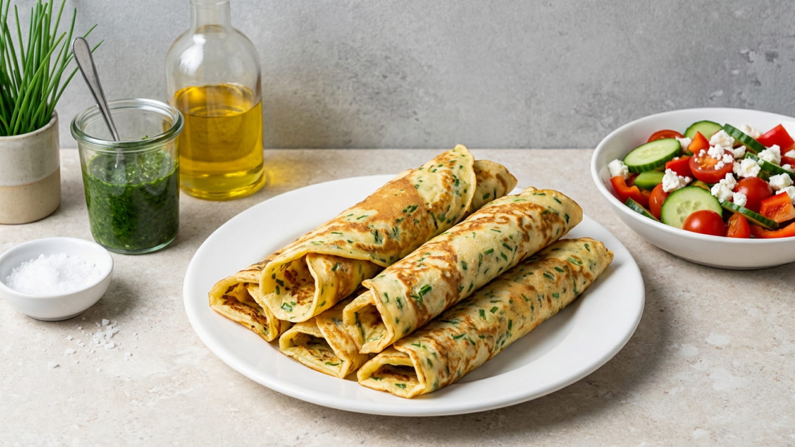Auf dem Bild sind drei gefüllte Pfannkuchen auf einem weißen Teller zu sehen. Daneben befindet sich eine Schüssel mit einem bunten Salat aus Tomaten, Gurken und Feta-Käse, sowie ein Glas mit grüner Sauce und eine Flasche Olivenöl.