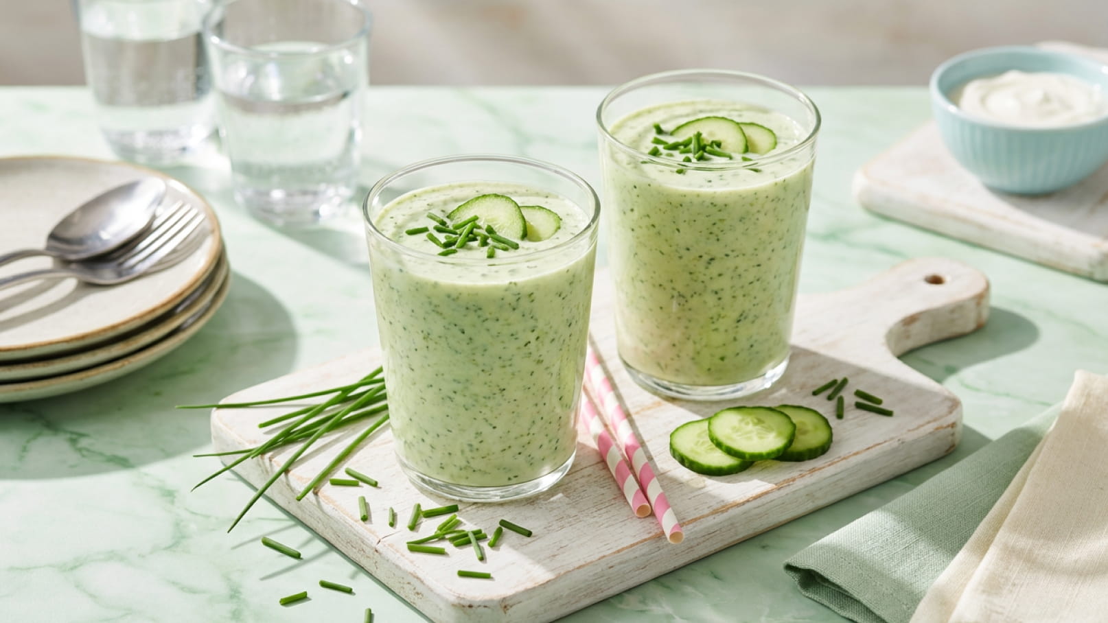 Zwei Gläser mit grünem Smoothie, garniert mit Gurkenscheiben und frischem Schnittlauch, stehen auf einem Holzbrett. Im Hintergrund sind Teller und Wassergläser zu sehen. Die Szene vermittelt eine frische und gesunde Essensatmosphäre.