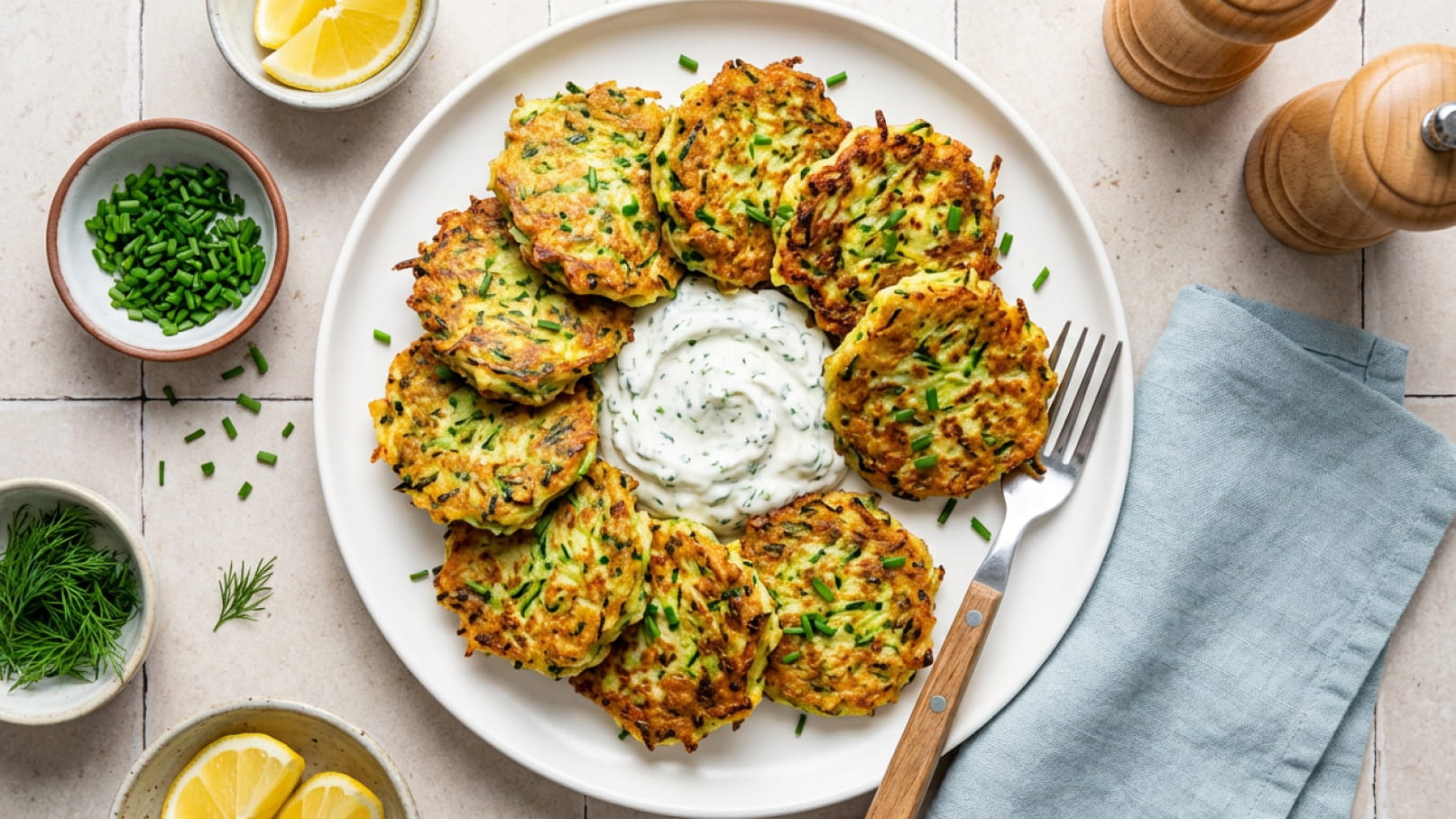 Auf dem Bild sind knusprige Kartoffelpuffer auf einem weißen Teller angeordnet, um einen Dip in der Mitte. Der Dip sieht cremig aus und ist mit Kräutern garniert. Neben dem Teller sind Zitronenscheiben und Kräuter in kleinen Schalen platziert.
