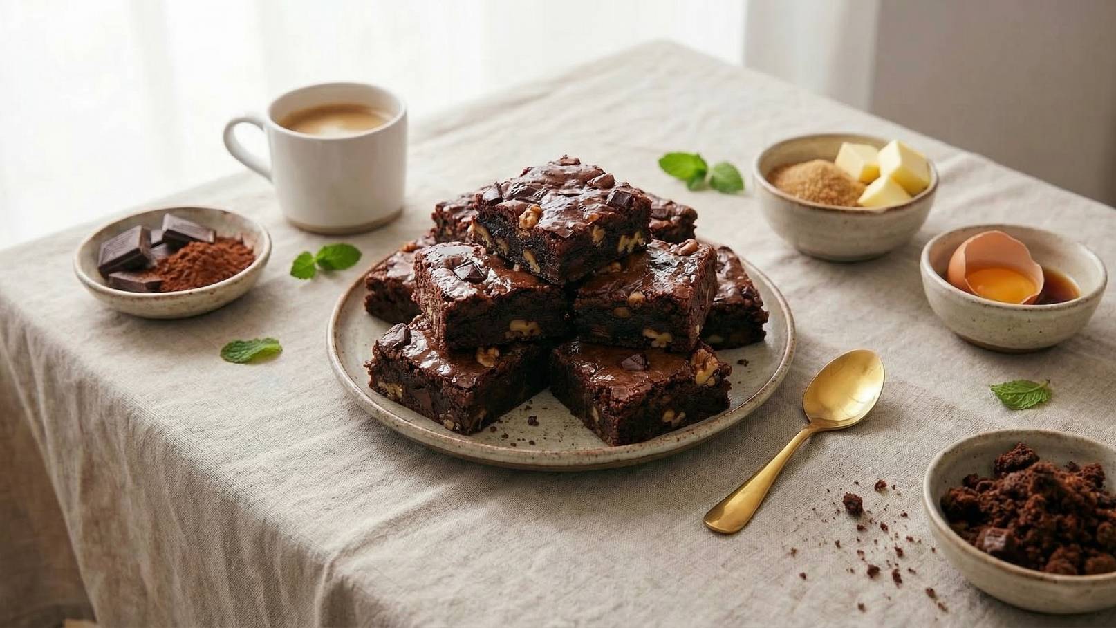 Ein Teller mit mehreren Schokoladenbrownies, dekoriert mit frischer Minze. Neben dem Teller befinden sich eine Tasse Kaffee, Schalen mit Butter, Zucker, Honig und Kakaopulver. Der Tisch ist mit einer neutralen Tischdecke gedeckt, und das Licht fällt sanft auf die Szene.