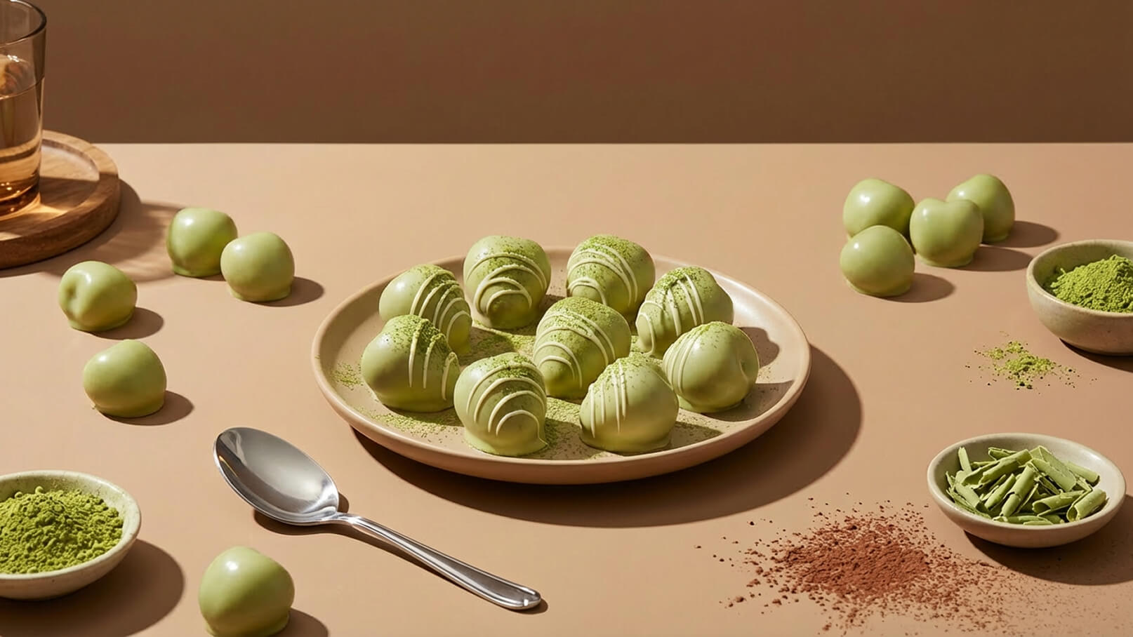 Auf einem Teller liegen mehrere grüne, runde Süßigkeiten mit dekorativen Verzierungen. Um den Teller herum sind kleine Schalen mit gemahlenem grünen Tee und anderen Zutaten platziert. Im Hintergrund steht ein Glas. Der Hintergrund ist in sanften Erdtönen gehalten.