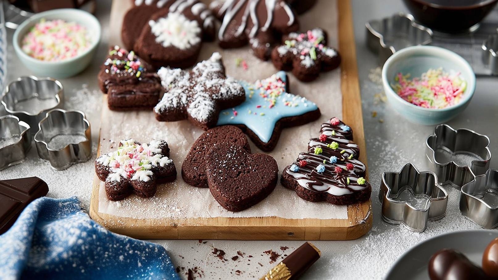 Auf einem Holzbrett liegen verschiedene Plätzchen in Form von Sterne, Herzen und Weihnachtsbäumen, dekoriert mit Zuckerguss und bunten Streuseln. Einige-Ausstechformen aus Metall sind daneben platziert, umrahmt von einem blauen Tuch und Schokolade. Der Tisch ist mit Puderzucker bestreut.