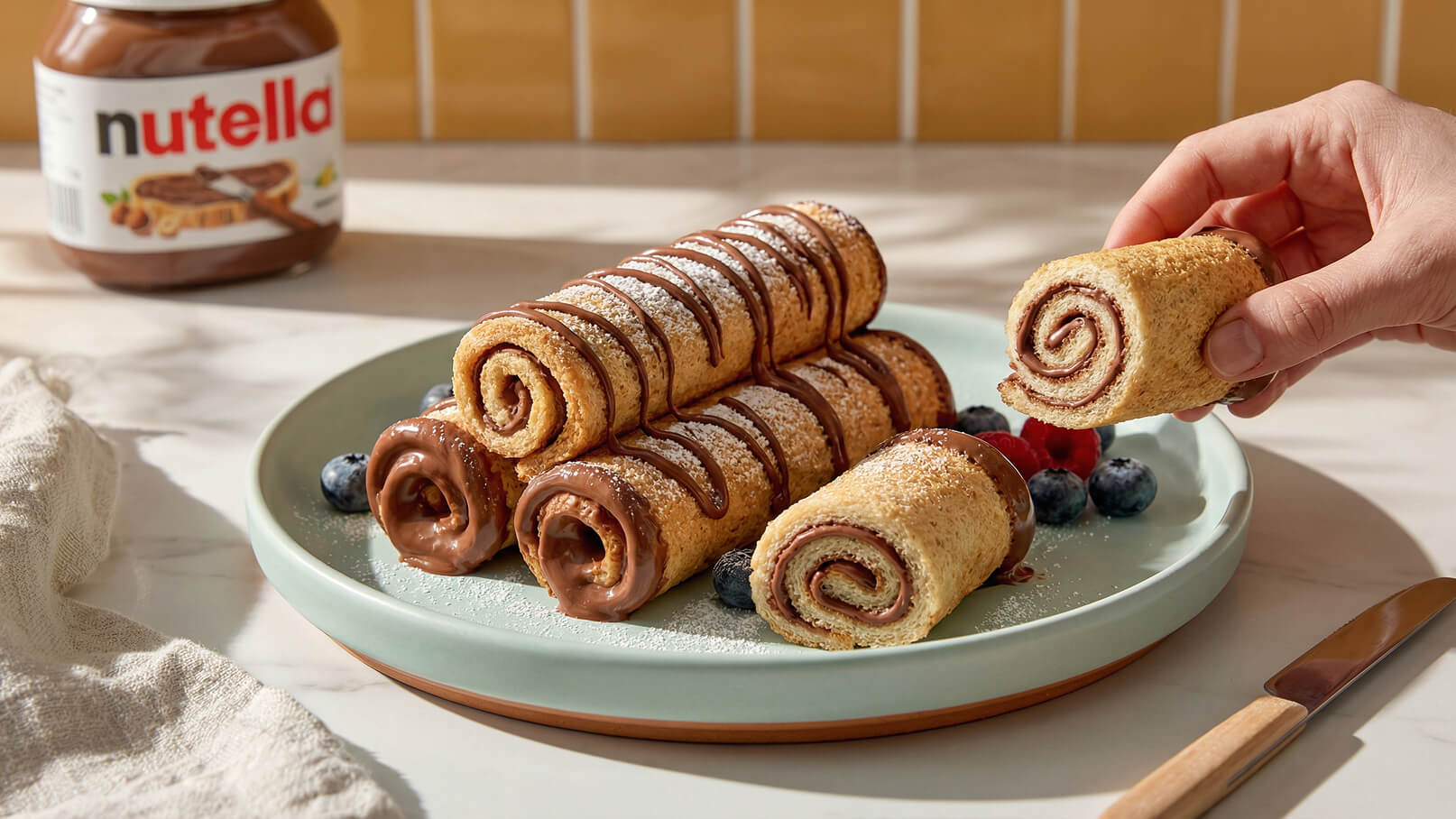 Auf einem Teller liegen mehrere aufgerollte Pfannkuchen mit Nutella und Puderzucker. Eine Hand greift nach einem der Pfannkuchen. Neben den Pfannkuchen befinden sich ein paar Heidelbeeren und Himbeeren. Im Hintergrund steht ein Glas Nutella.