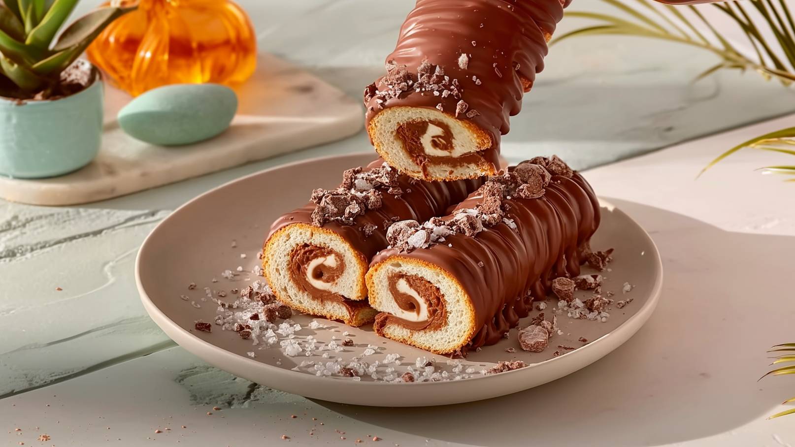 Auf einem Teller liegen zwei rolierte Biskuitkuchen, gefüllt mit einer cremigen Schokoladenfüllung. Die Kuchen sind mit Schokoladenglasur überzogen und mit kleinen Schokoladenstückchen und einer Prise Salz dekoriert. Im Hintergrund sind Pflanzen und eine dekorative Flasche zu sehen.