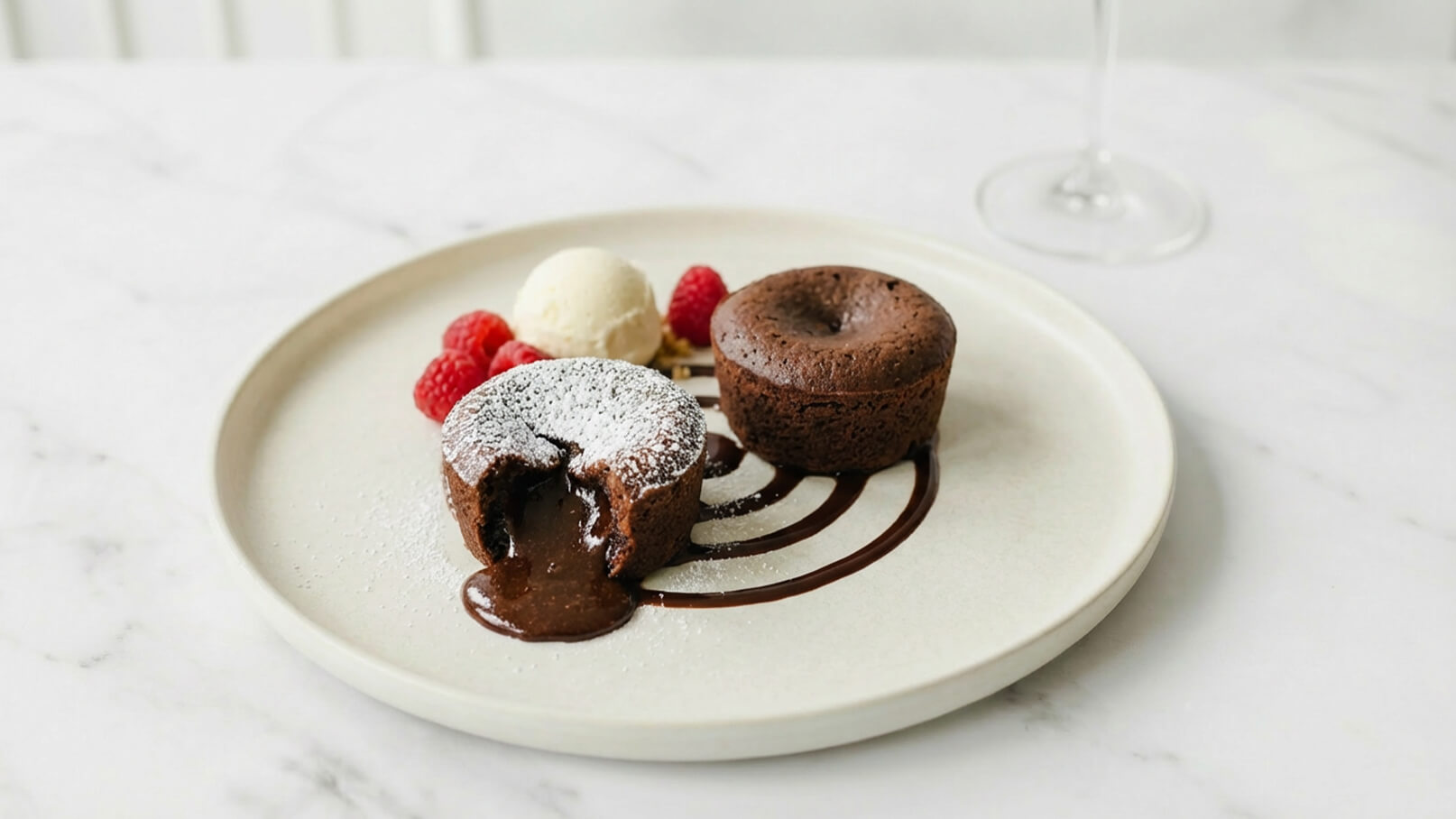 Ein weißer Teller mit zwei Schokoladenküchlein, eines angestochen, sodass die flüssige Schokolade herausläuft. Daneben befindet sich eine Kugel Vanilleeis und einige frische Himbeeren. Zuckerstreusel bedecken das Küchlein auf der linken Seite.