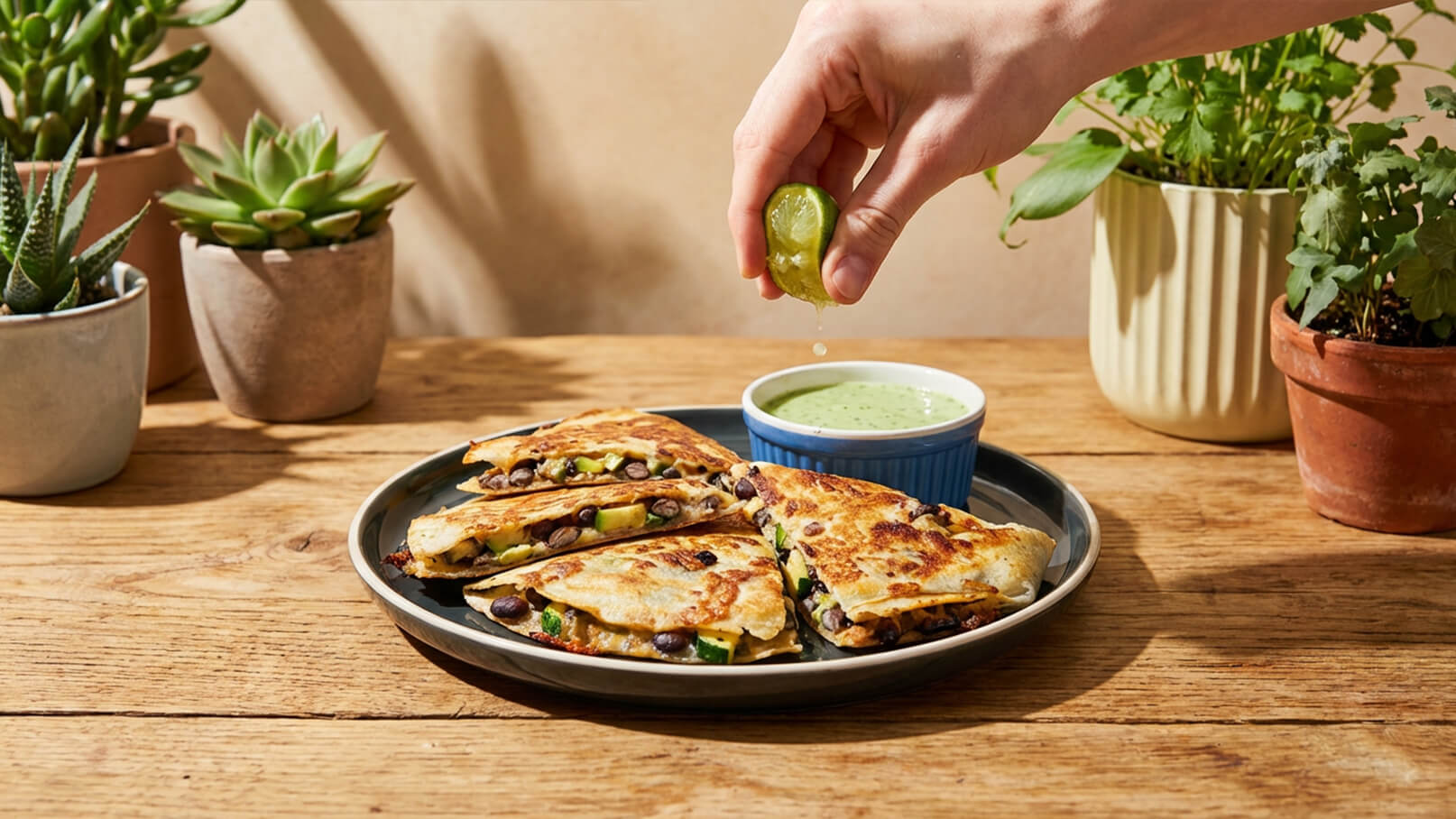 Ein Teller mit gefüllten Quesadillas, die mit Bohnen und Gemüse zubereitet sind. Eine Hand presst eine Limette über die Quesadillas. Neben dem Teller steht eine Schale mit einer grünen Soße. Im Hintergrund sind einige Pflanzen in Töpfen zu sehen.