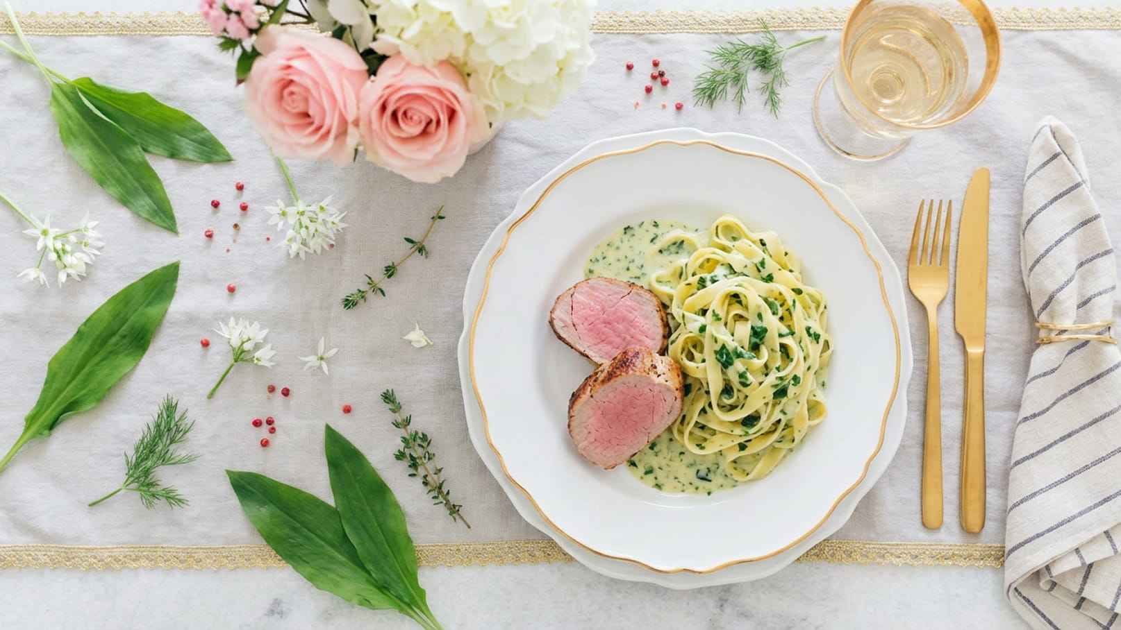 Ein gedeckter Tisch mit einem Teller Pasta in einer sahnigen Sauce, garnierte mit frischen Kräutern. Neben der Pasta liegt ein Stück rosa gegartes Fleisch. Daneben stehen eine Gabel, ein Glas Wasser und eine Vase mit rosa Rosen.