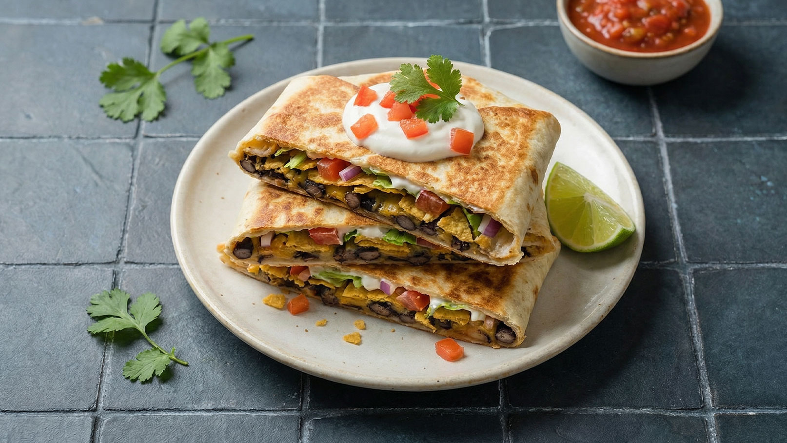 Auf dem Bild sind zwei große, gefüllte Burritos auf einem Teller zu sehen, garniert mit Sauerrahm, Tomatenwürfeln und einem Blatt Koriander. Neben dem Teller liegt eine Limettenscheibe, und es gibt eine Schüssel mit Salsa im Hintergrund.