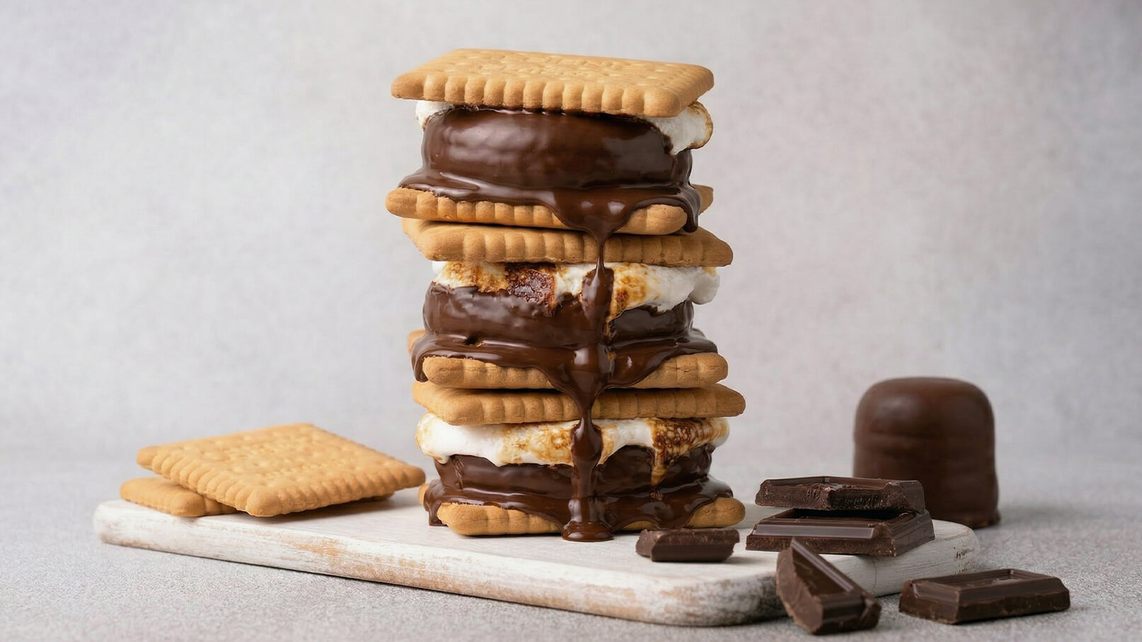 Eine hohe Turm von Keks-Sandwiches ist mit Schokolade und einer süßen Füllung enthalten. Einige Schokoladenstücke liegen daneben. Die Keks-Sandwiches sind goldbraun und zeigen flüssige Schokolade, die herunterläuft.