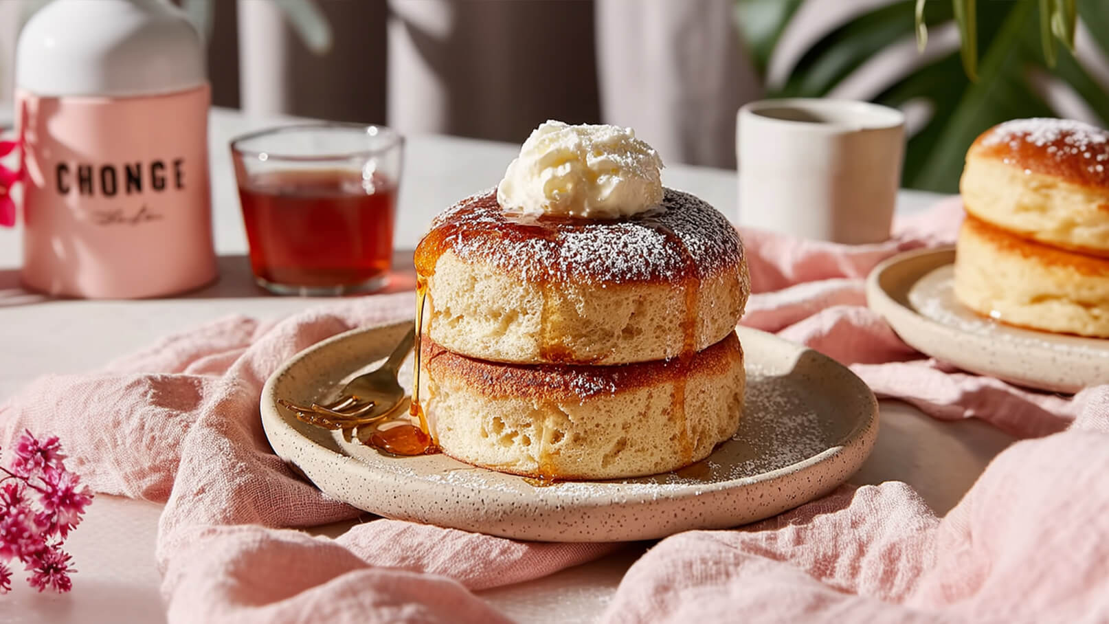 Ein Teller mit zwei fluffigen Pfannkuchen übereinander, überzogen mit Sirup und einem Klecks Schlagsahne. Neben dem Teller liegt eine Gabel. Im Hintergrund sind ein Glas Tee und dekorative Elemente sichtbar.