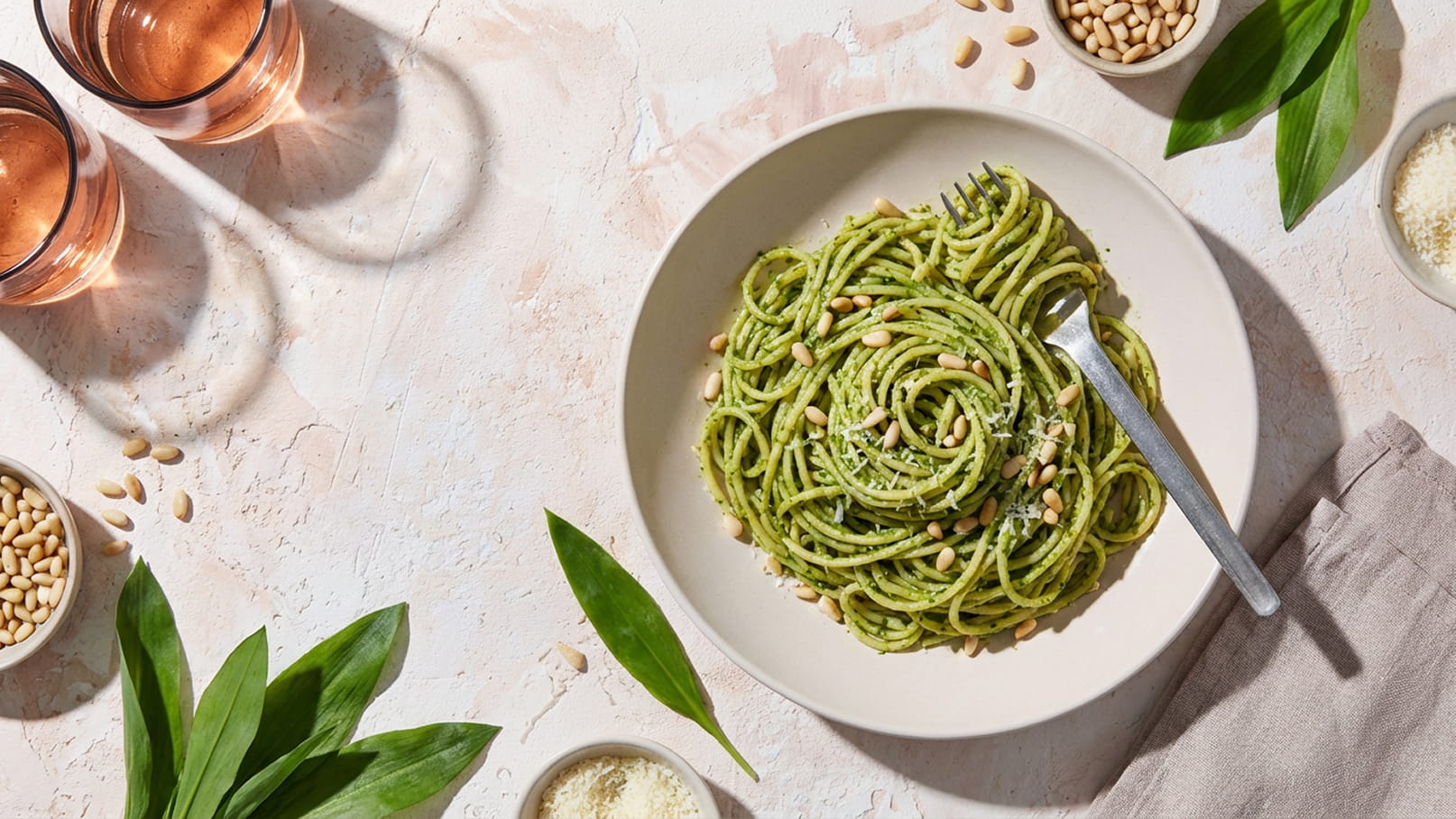 Ein Teller mit grünen Spaghetti, garniert mit Pinienkernen und Parmesan, im Mittelpunkt. Um den Teller herum sind zwei Gläser Roséwein und einige Blätter sowie eine Schale mit Parmesan zu sehen. Der Hintergrund ist neutral und hell.