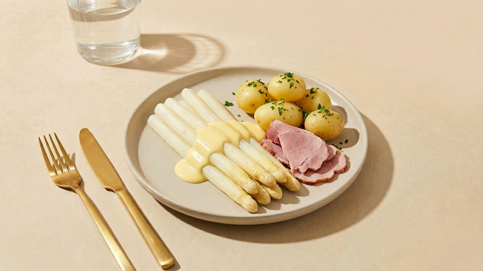 Ein Teller mit weißen Spargelstangen, die mit Sauce überzogen sind, liegt neben gekochten Kartoffeln, die mit Petersilie bestreut sind. Ein Stück Schinken ergänzt das Gericht. Im Hintergrund steht ein Glas Wasser.