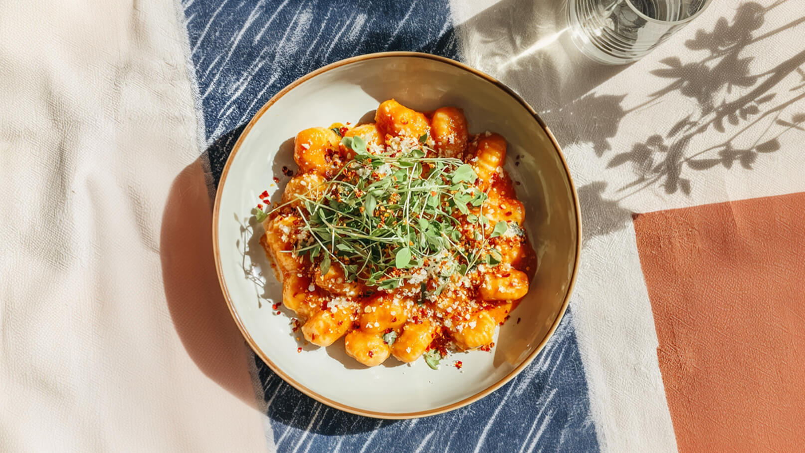 Ein Teller mit bunten Gnocchi in einer würzigen Sauce, garniert mit frischen Kräutern und roten Gewürzflocken. Der Teller liegt auf einem schlichten, hellen Tischdeckenmuster. Ein Glas Wasser ist daneben zu sehen.