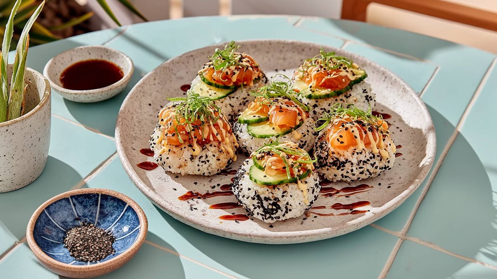 Ein Teller mit Sushi-Rollen, die mit Reis, schwarzem Sesam und verschiedenen Toppings wie Lachs, Gurken und grünen Zwiebeln garniert sind. Daneben befinden sich zwei kleine Schalen, eine mit Soße und eine mit schwarzem Sesam.