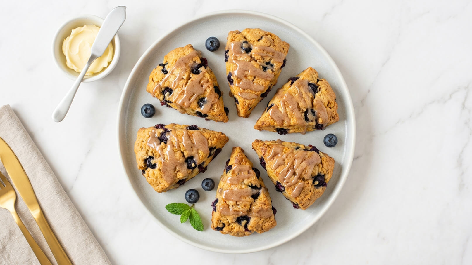 Auf einem runden Teller liegen sechs dreieckige Scones mit Heidelbeeren, verziert mit einer süßen Glasur. Neben dem Teller befindet sich eine kleine Schüssel mit Butter und ein Besteckset. Die Scones sind goldbraun und frisch gebacken.