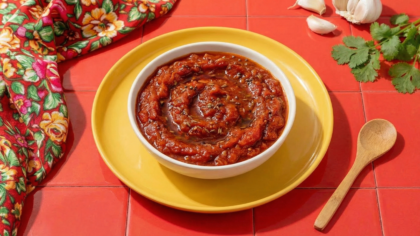 Eine weiße Schüssel mit würziger, rotbrauner Soße in spiralförmiger Anordnung steht auf einem gelben Teller. Im Hintergrund sind frische Knoblauchzehen und Korianderblätter sichtbar. Der Tisch ist rot gefliest und ein bunter Stoff mit Blumenmuster ist daneben drapiert.