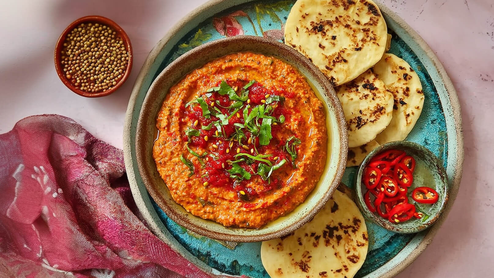 Eine Schüssel mit würzigem Dips, garniert mit frischen Kräutern und roter Sauce, steht auf einem bunten Teller. Daneben liegen mehrere frisch gebackene Fladenbrote und eine kleine Schale mit roten Chilischoten.
