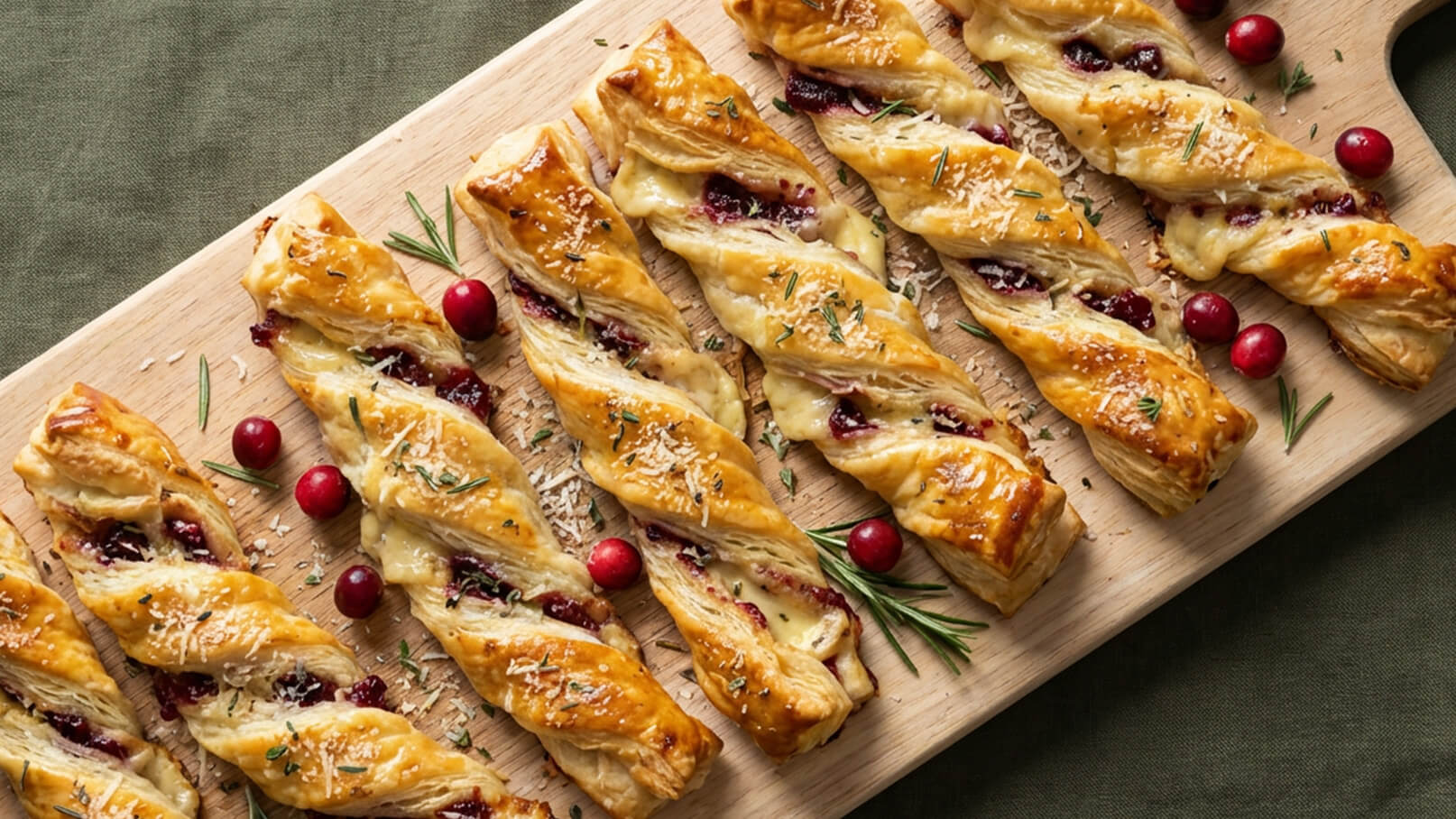 Ein Holzbrett mit mehreren gedrehten Blätterteigstücken, gefüllt mit einer roten Fruchtfüllung. Einige Stücke sind mit Käse bestreut, und frische Preiselbeeren sowie Rosmarin sind dekorativ darumgelegt.