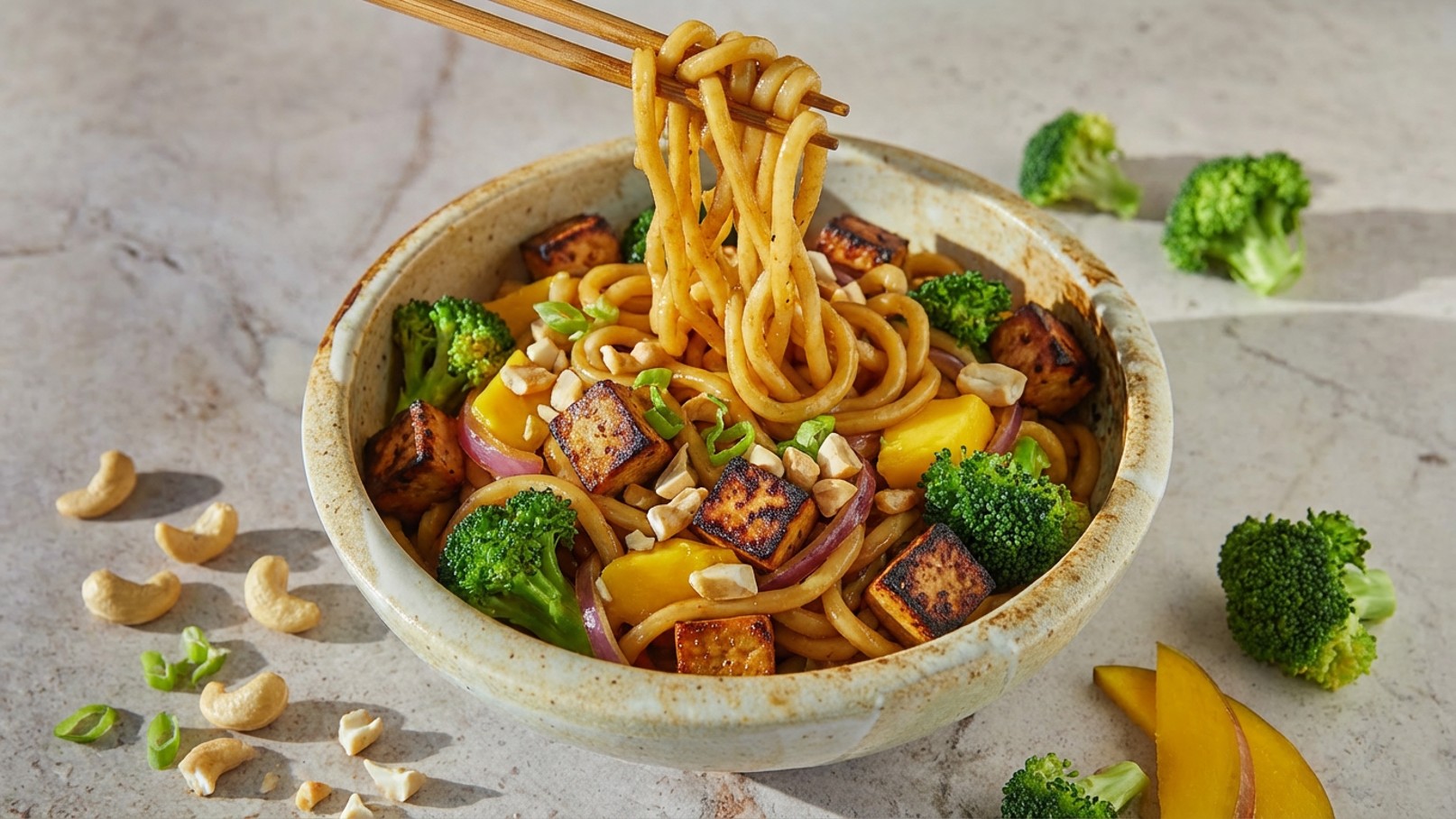 Eine Schüssel mit gebratenen Nudeln, Gemüse wie Brokkoli und Paprika sowie gebratenem Tofu. Die Nudeln werden mit Stäbchen gehalten. Im Hintergrund sind einige Cashewnüsse sichtbar. Die Szenerie ist hell und ansprechend.