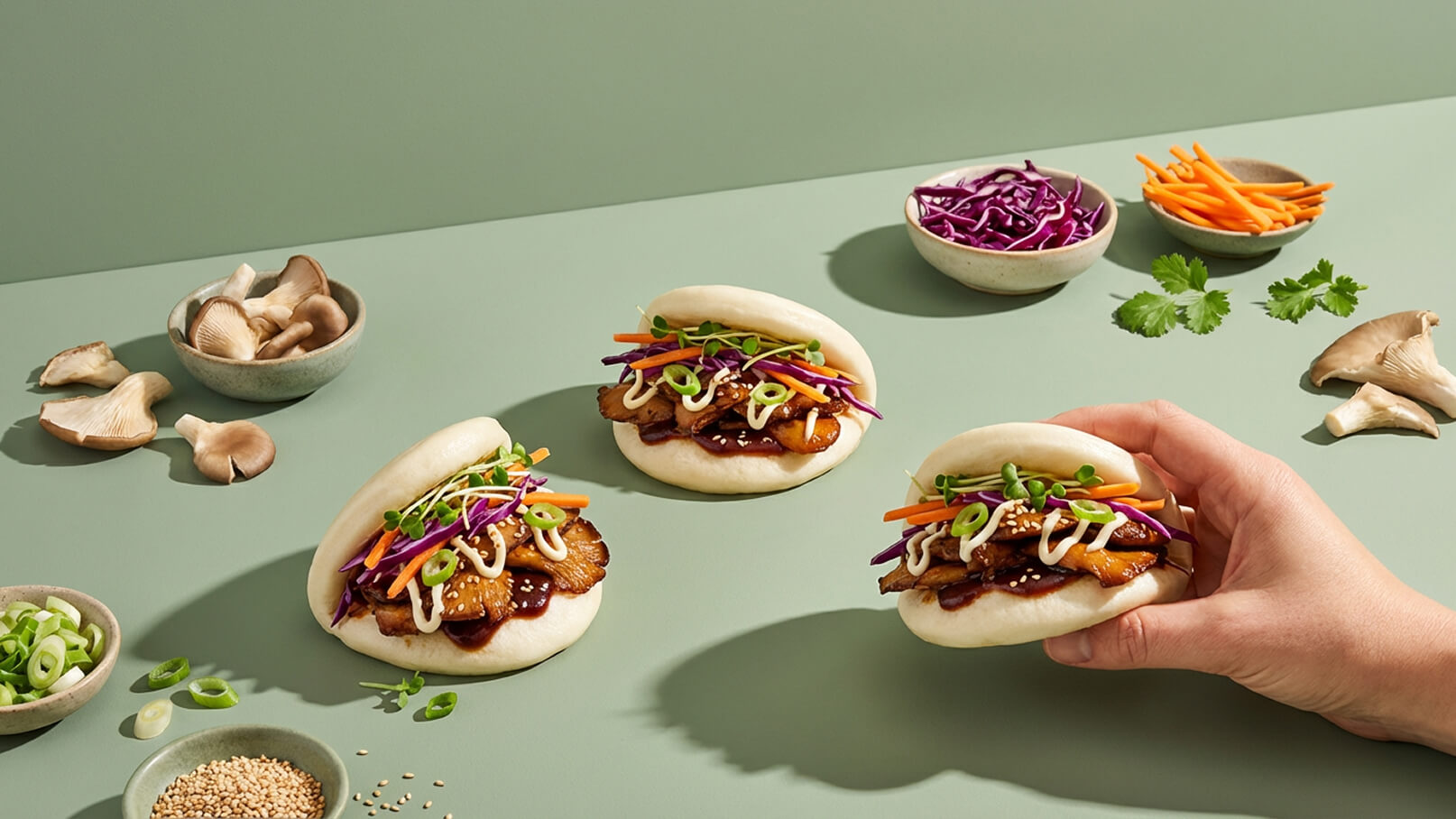 Drei gefüllte Bao-Brötchen liegen auf einem Tisch. Eines davon wird von einer Hand gehalten. Die Brötchen sind mit Hühnchen, buntem Gemüse und Saucen dekoriert. Im Hintergrund sind einige Schalen mit verschiedenen Zutaten wie Pilzen, Kohlgemüse und Karotten zu sehen.