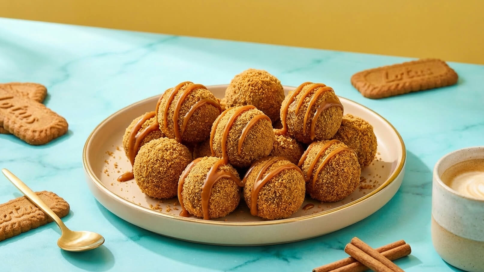 Ein Teller mit runden Süßigkeiten, die mit Keksbröseln überzogen und mit einer Karamellsauce verziert sind. Im Hintergrund sind einige Keksstücke und eine Tasse Kaffee sichtbar. Die Szenerie hat einen hellen, einladenden Hintergrund.