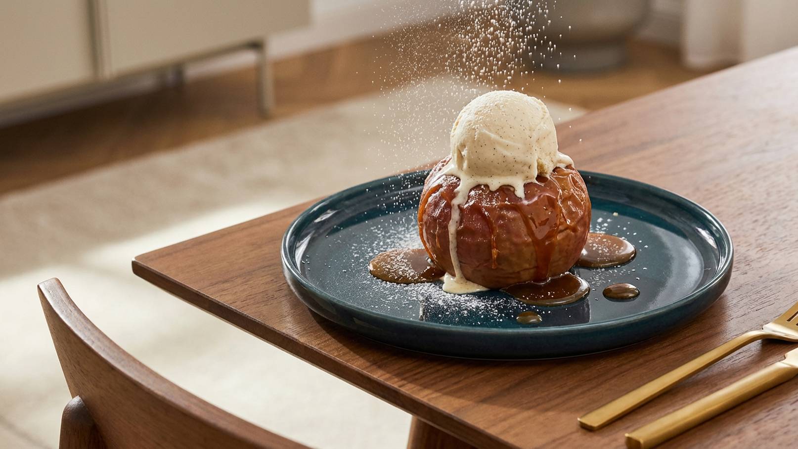 Ein dekorativer Teller mit einem warmen Apfelkuchen, der mit einer Kugel Vanilleeis und Schokoladensauce serviert wird. Ein feiner Zuckerguss verstreut über dem Dessert sorgt für eine ansprechende Präsentation. Der Hintergrund zeigt einen modernen Esstisch und eine gemütliche Wohnumgebung.