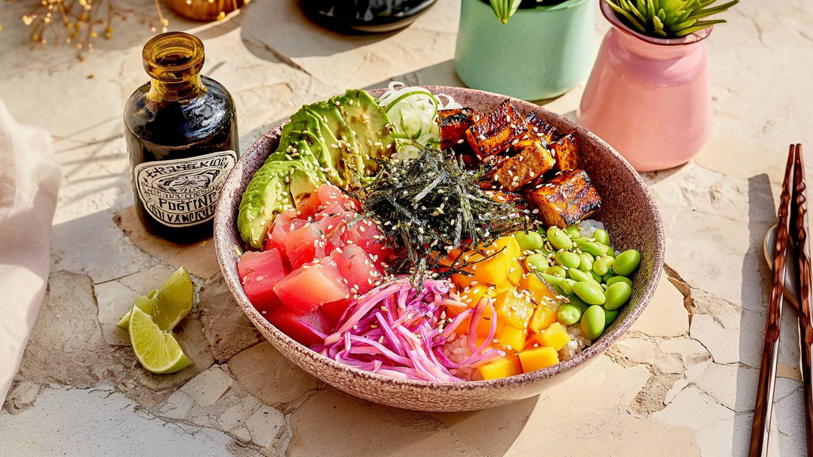 Eine Schale mit buntem Sushi-Bowl: rosa Thunfischwürfel, gelbe Mangostücke, grüne Edamame, rote Kohlstreifen und Avocado, garniert mit Sesam und getrocknetem Algenblatt. Neben der Schale steht eine Flasche Sojasauce und einige Limettenscheiben. Die Szenerie ist hell und freundlich.