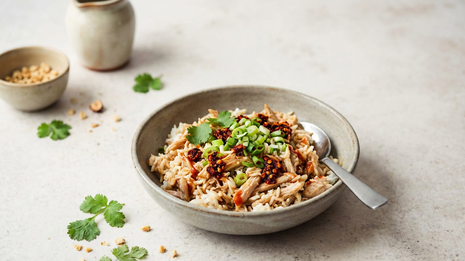 Eine Schüssel mit Reis, Hühnchenstücken und grünen Zwiebeln, garniert mit Koriander und einer würzigen Sauce. Im Hintergrund befinden sich eine kleine Schale mit Erdnüssen und ein weiteres Gefäß.