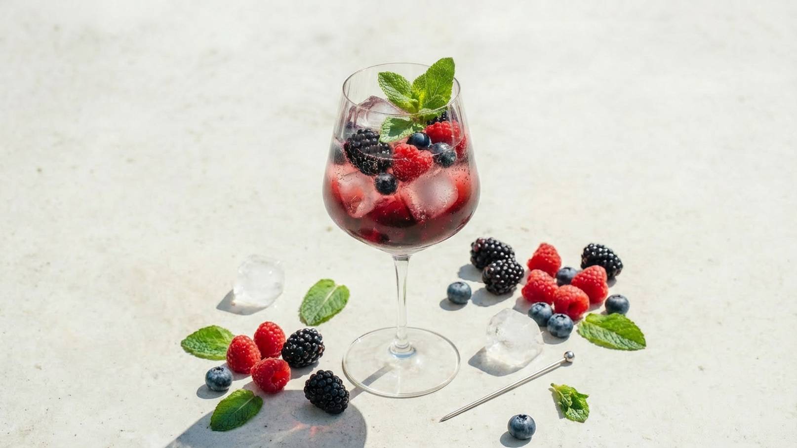 Ein Glas mit Eiswürfeln gefüllt mit frischen Himbeeren, Heidelbeeren und Brombeeren. Einige Beeren und Minzblätter liegen um das Glas herum. Das Bild vermittelt eine erfrischende und leckere Sommerstimmung.