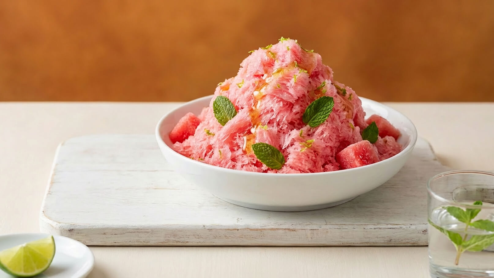 Eine große Schale mit rosa Wassermelonen-Eis auf einem Holzbrett. Das Eis ist mit frischen Minzblättern und Limettenschalen garniert. Neben der Schale befindet sich ein Glas Wasser mit Minze und eine halbe Limette auf einem kleinen Teller.