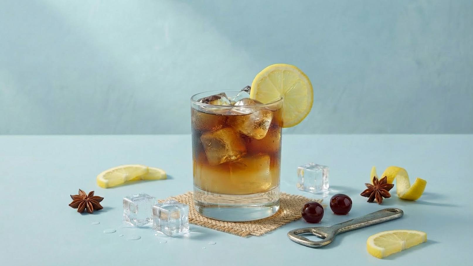 Ein Glas mit einem kühlen, braunen Getränk, gefüllt mit Eiswürfeln und einer Zitronenscheibe, steht auf einem natürlichen Untersetzer. Um das Glas herum liegen Zitronenscheiben, Eiswürfel, Trauben und Sternanis. Der Hintergrund ist hellblau.