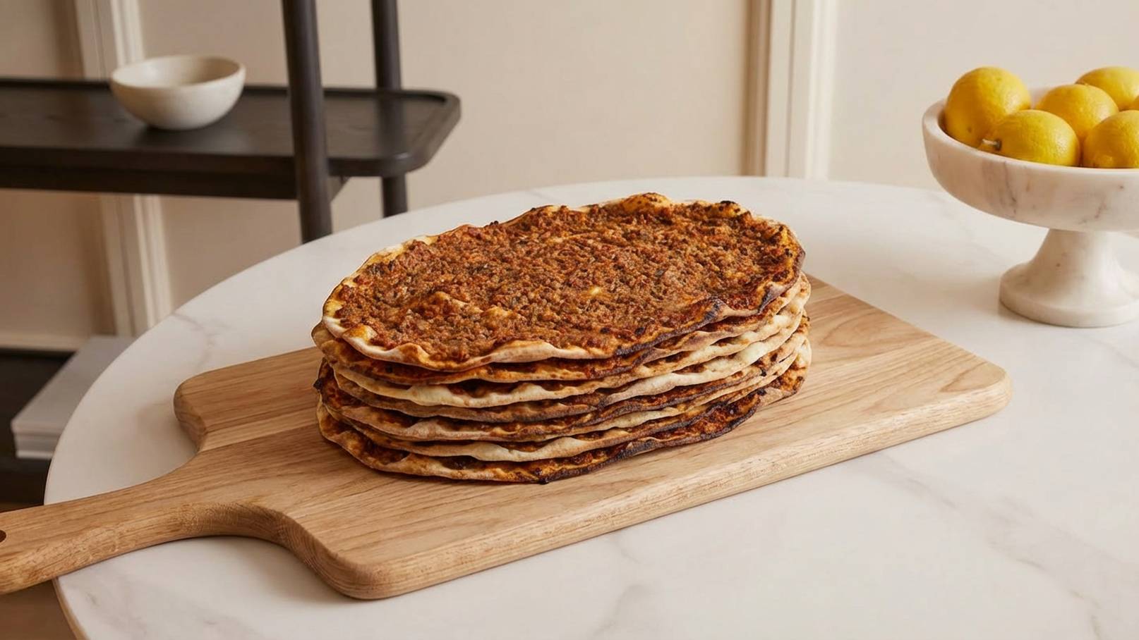 Ein Stapel von mehreren flachen, gebackenen Teigfladen liegt auf einem Holzbrett. Die Oberfläche der Fladen ist goldbraun und knusprig. Im Hintergrund befindet sich eine Schale mit Zitronen und ein weiterer Teller.