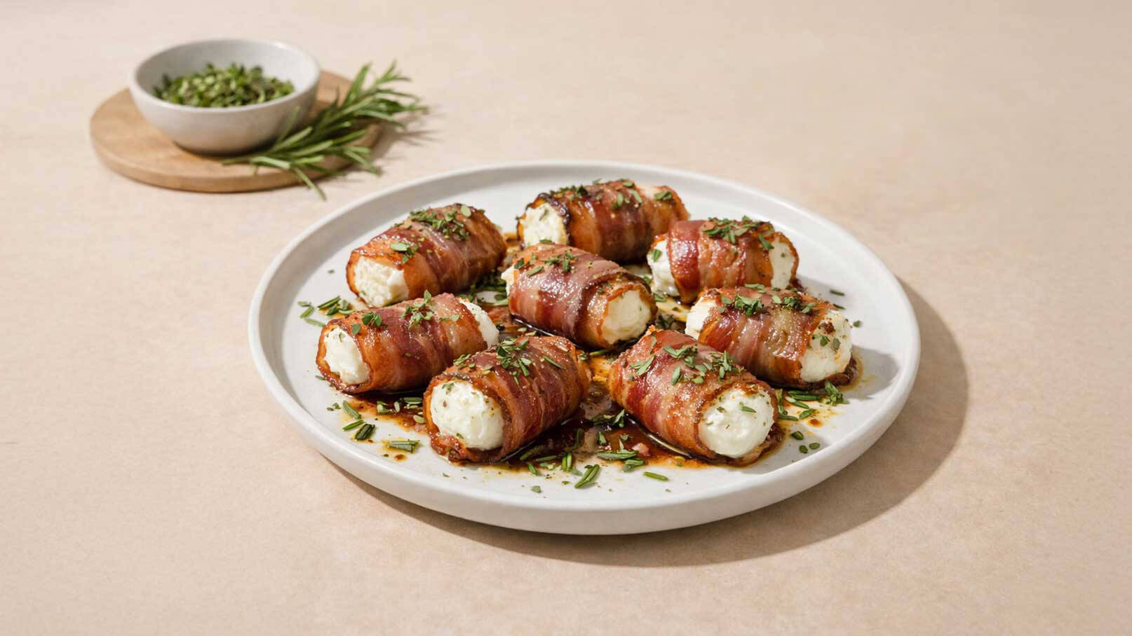 Ein weißer Teller mit acht gerollten Snacks, die mit Speck umwickelt sind. Die Füllung besteht aus cremigem Käse, und die Rollen sind mit frischen Kräutern bestreut. Im Hintergrund steht eine kleine Schüssel mit gehackten Kräutern.