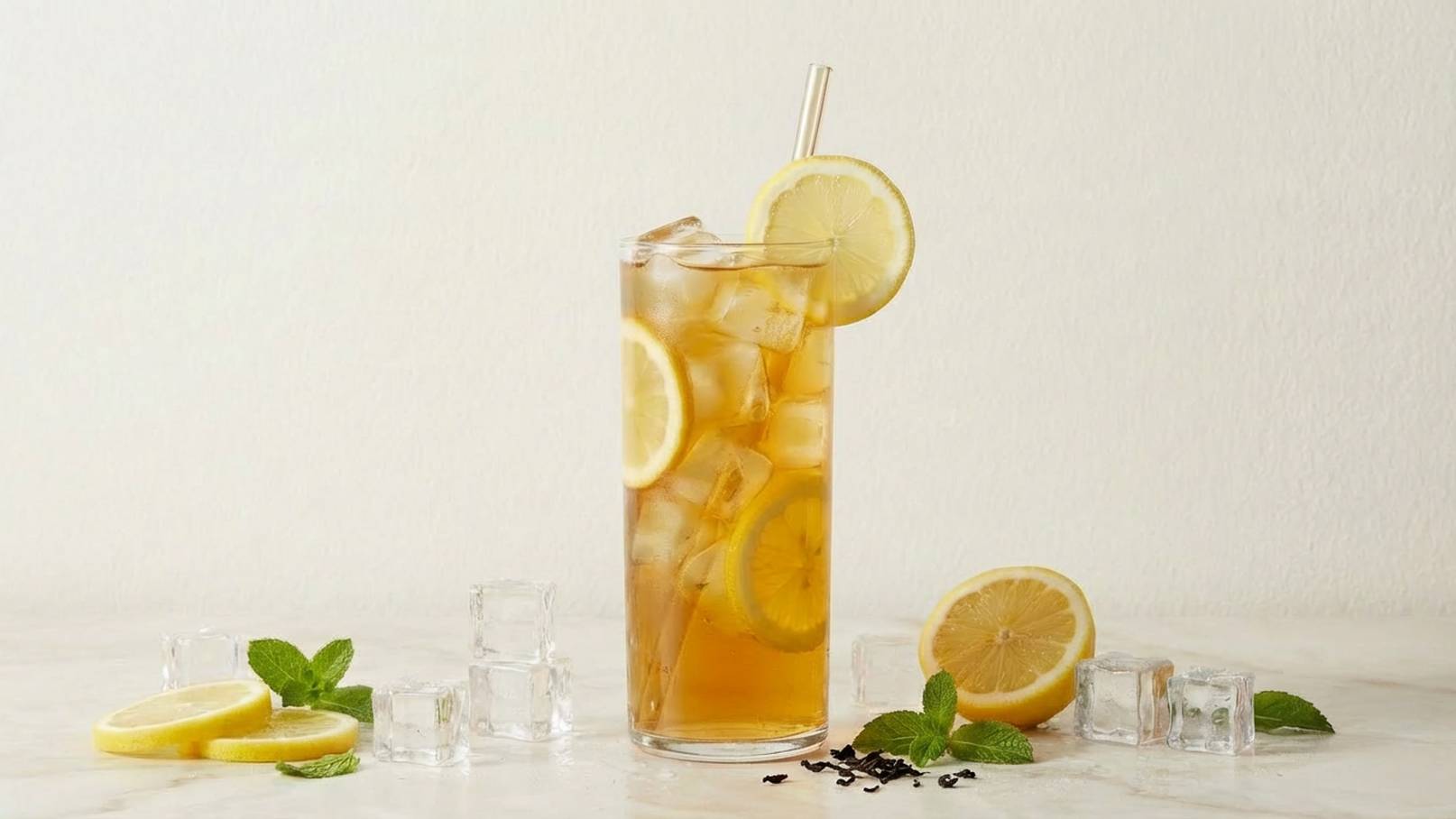Ein hoher Trinkbecher mit Eistee, gefüllt mit Eiswürfeln und Zitronenscheiben, steht auf einem Tisch. Neben dem Becher liegen frische Zitronenscheiben und Minzblätter. Im Hintergrund ist eine helle, neutrale Oberfläche zu sehen.