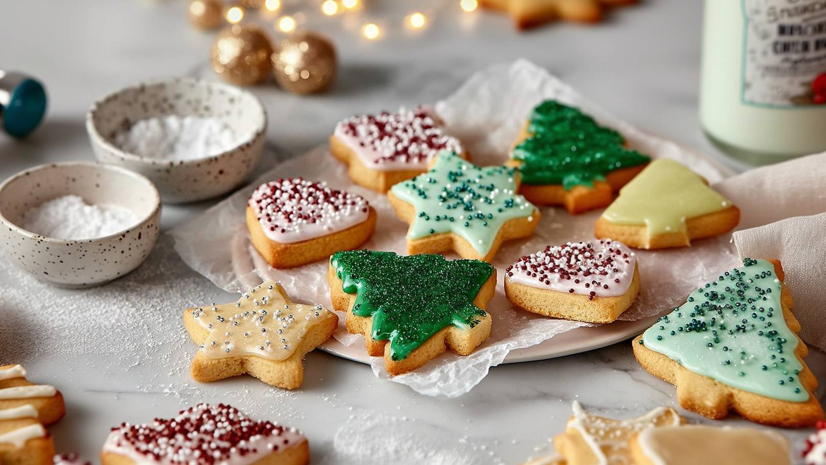 Auf einem weißen Teller sind bunt dekorierte Weihnachtskekse angeordnet. Es gibt grüne Tannenbäume, rote und grüne Sterne mit Zuckerstreuseln. Im Hintergrund befinden sich kleine Schalen mit Puderzucker und ein Glas Milch. Die Szene vermittelt eine festliche, einladende Atmosphäre.