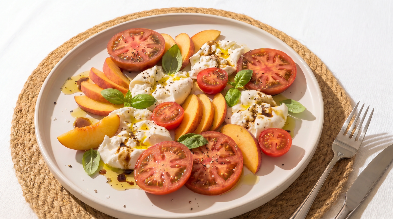 Teller mit sommerlichem Salat: Scheiben von Tomaten und Pfirsichen, Burrata-Mozzarella, frische Basilikumblätter, beträufelt mit Olivenöl und Balsamico, mit Salz und Pfeffer gewürzt.