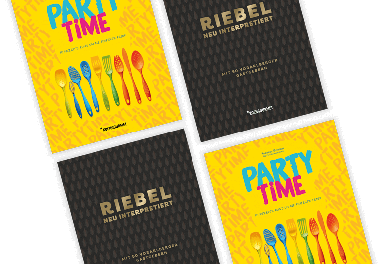 Das Bild zeigt zwei Buchcover mit einem bunten, fröhlichen Design. Eines trägt den Titel "PARTY TIME" und das andere "RIEBEL NEU INTERPRETIERT". Beide Cover sind mit bunten Besteckteilen dekoriert und vermitteln eine festliche Stimmung.