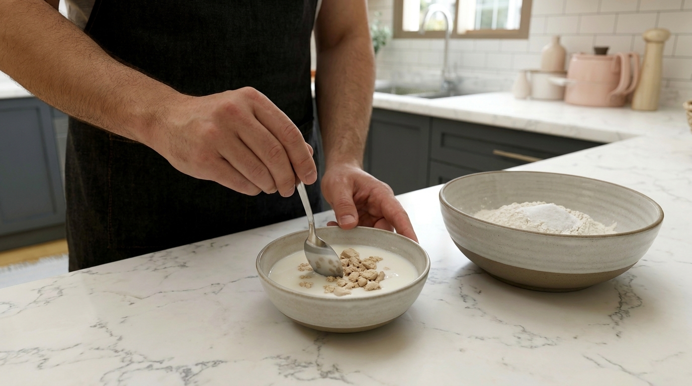 Hände einer Person geben mit einem Löffel Müsli- oder Nussstückchen in eine Schüssel mit Milch; daneben steht eine Schüssel mit Mehl auf der Küchenarbeitsplatte.