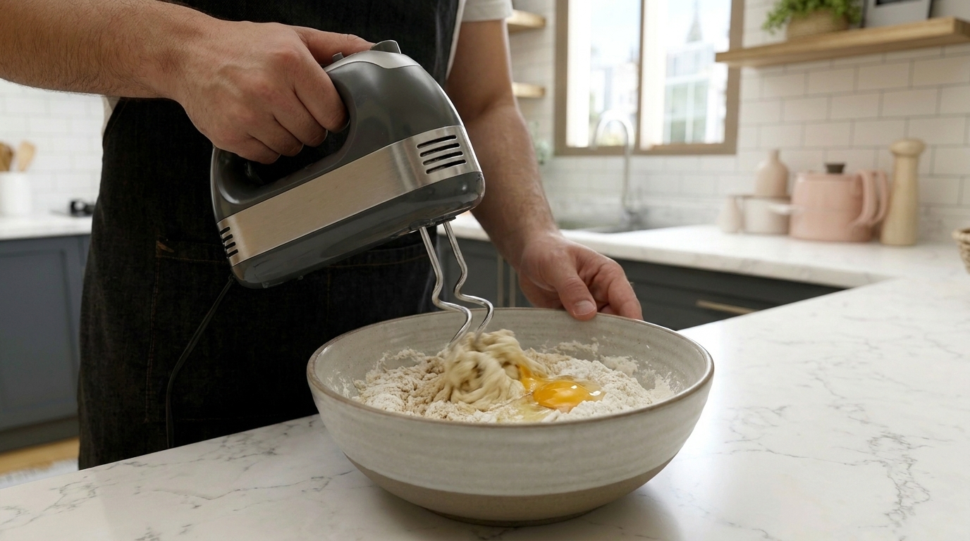 Hände einer Person bedienen einen elektrischen Handmixer und rühren Mehl und ein Ei in einer Schüssel auf einer Küchenarbeitsplatte.