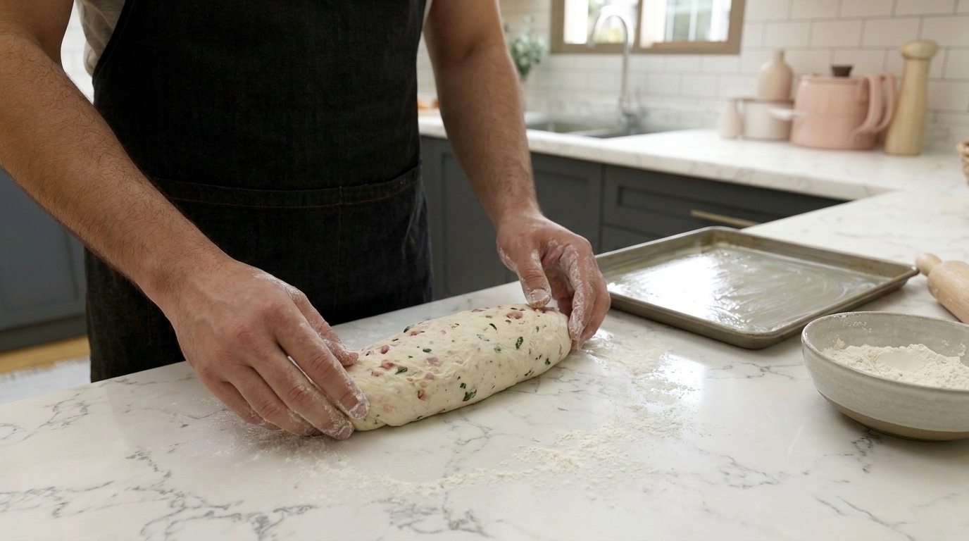 Eine in Schürze gekleidete Person formt auf einer bemehlten Arbeitsfläche einen länglichen Teig mit sichtbaren Kräuter- oder Fruchtstückchen; Backblech, Schüssel mit Mehl und Nudelholz daneben.