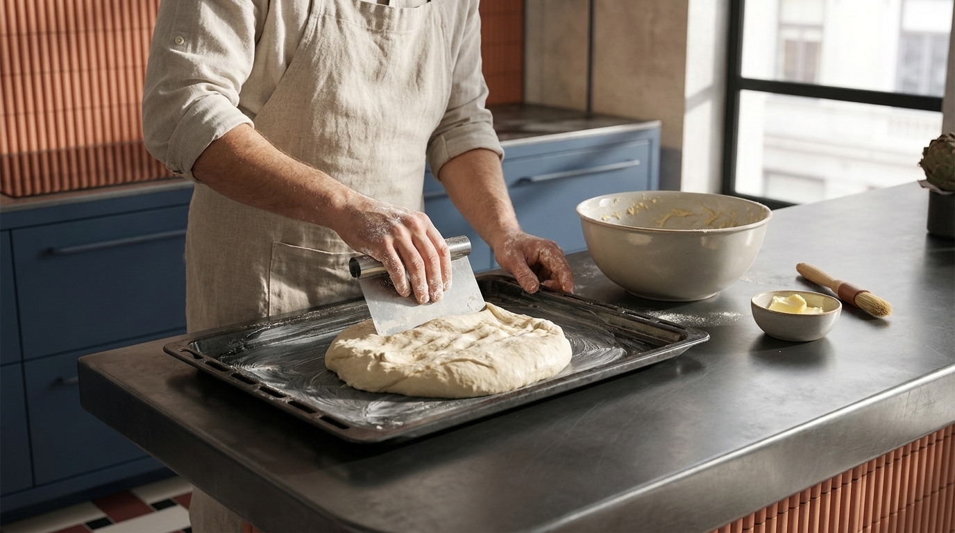Person in Schürze formt mit einem Teigschaber einen runden Brotteig auf einem bemehlten Backblech; eine große Schüssel mit Teig, Butter und Küchenwerkzeugen steht daneben.
