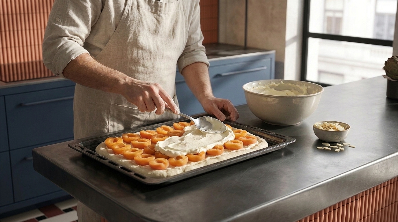 Hände einer Person in Schürze verstreichen Vanillecreme auf Teig, belegt mit halben Aprikosen auf einem Backblech.