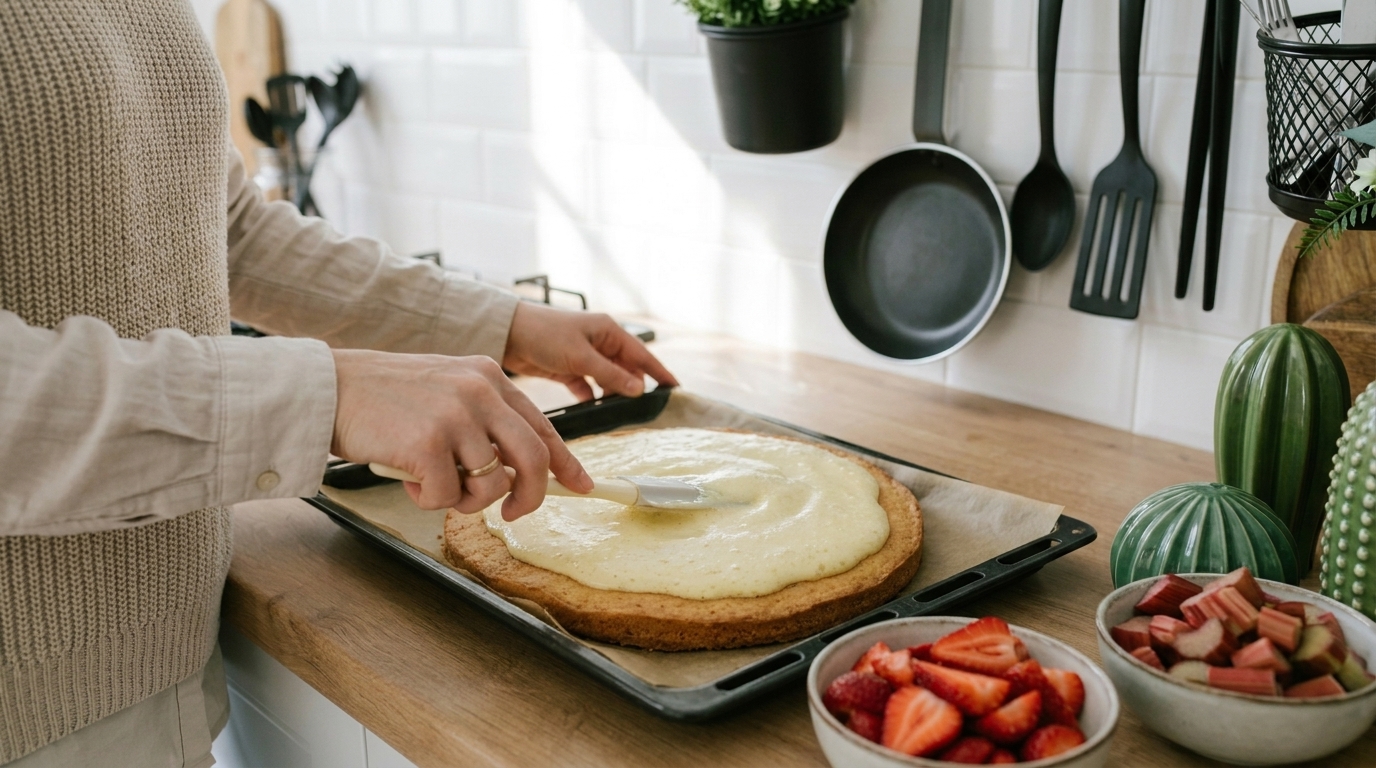 Eine Person bestreicht mit einem Löffel eine helle Creme auf einem Kuchenboden auf einem Backblech; daneben stehen Schalen mit geschnittenen Erdbeeren und Rhabarber auf der Küchenarbeitsplatte, Pfannen und Kochutensilien hängen an der Wand.
